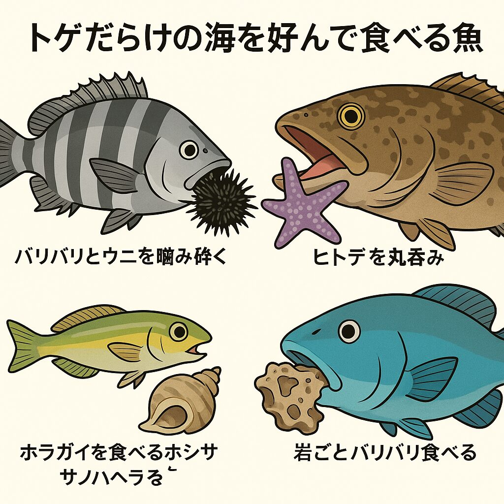 食べにくい刺があるウニを捕食する魚たち。釣太郎