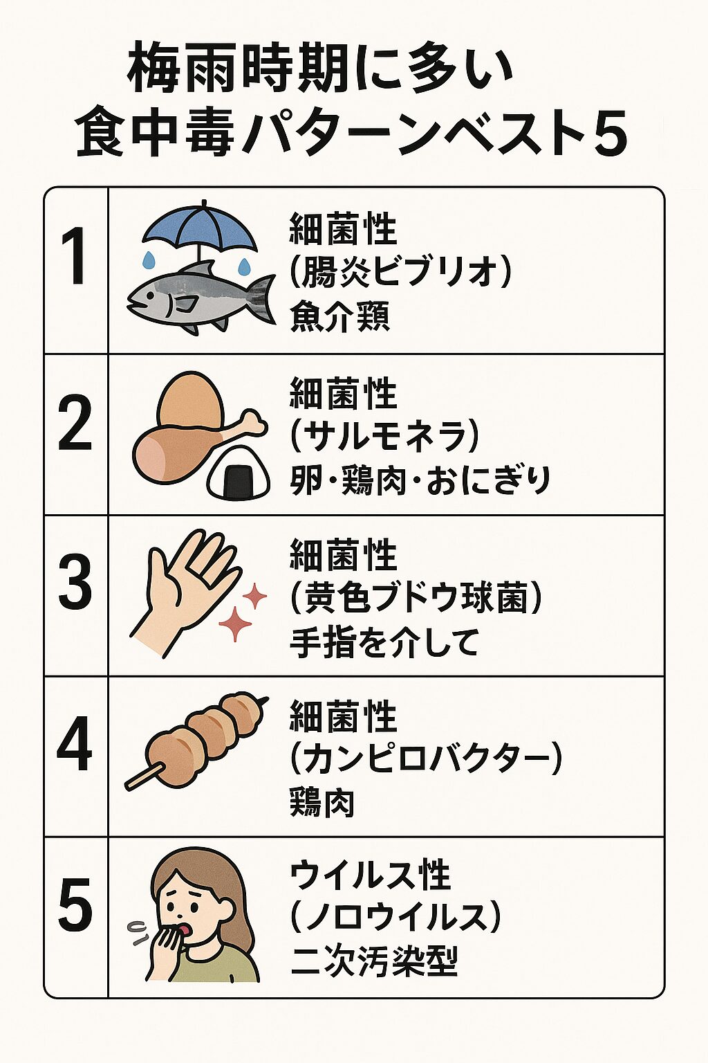 梅雨時期は腸炎ビブリオ・サルモネラ・黄色ブドウ球菌・カンピロバクター・ノロウイルスが多発。釣太郎