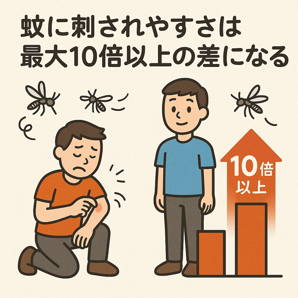 蚊に刺されやすさは最大10倍以上の差になる。釣太郎