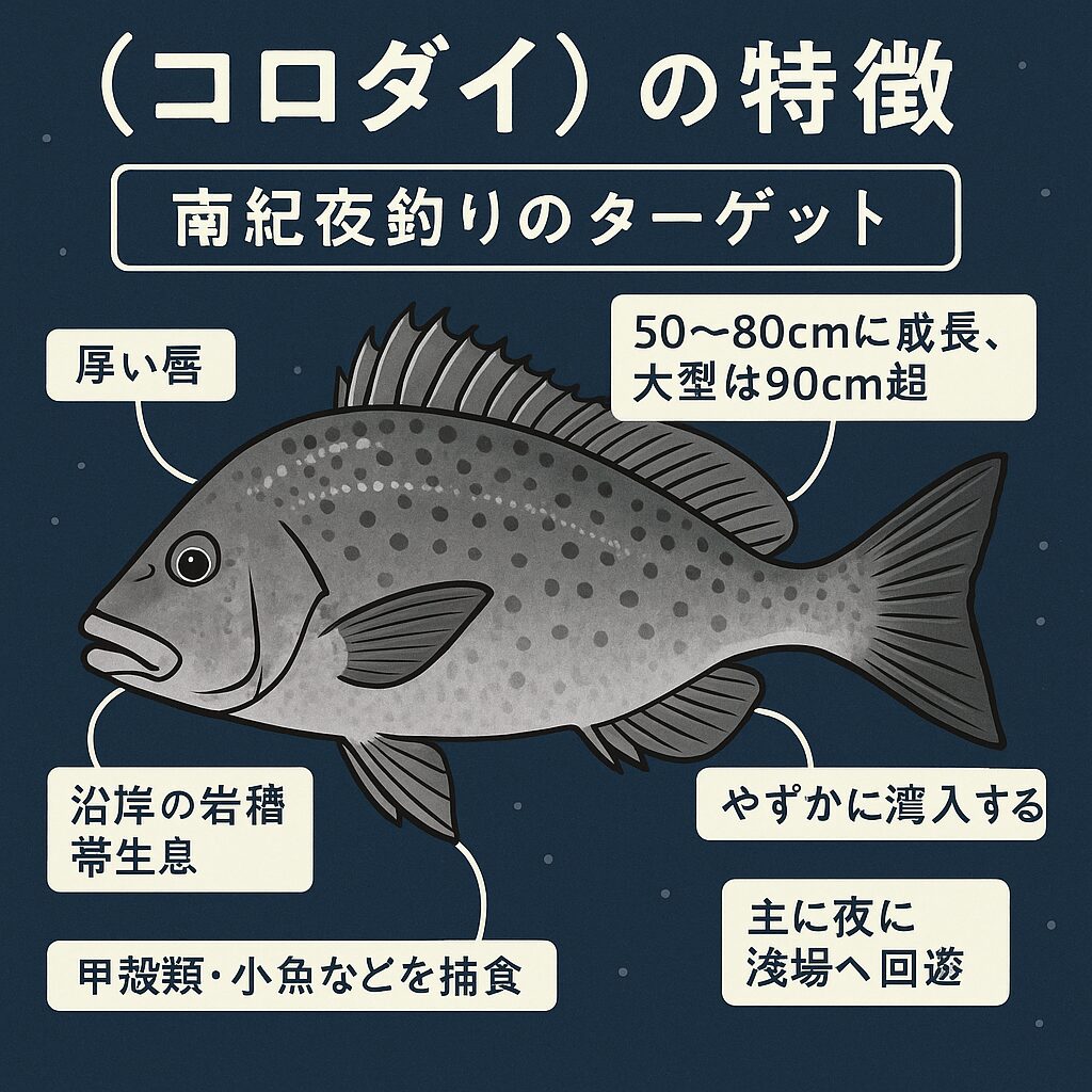 コロダイの特徴解説イラスト（夜釣りターゲット用）釣太郎