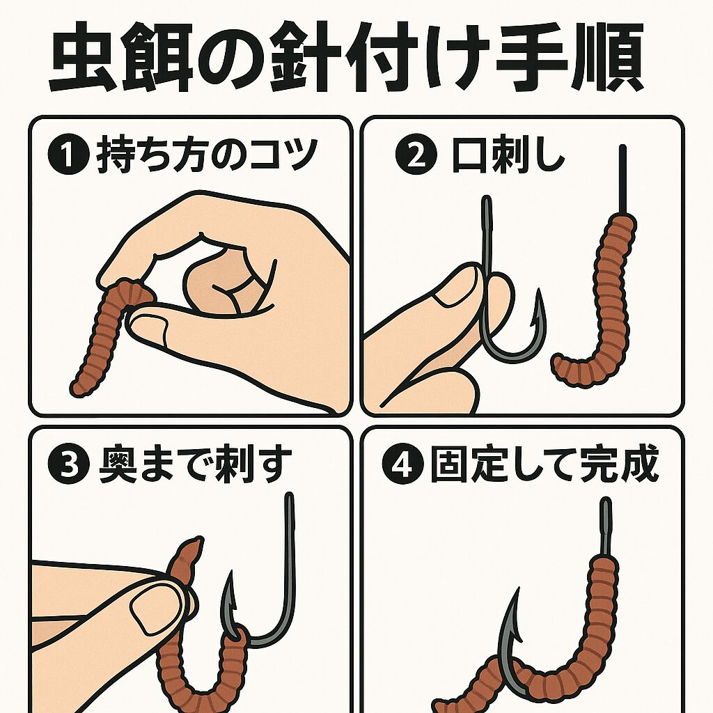 初心者向け「虫餌の針付け手順」のイラスト。釣太郎