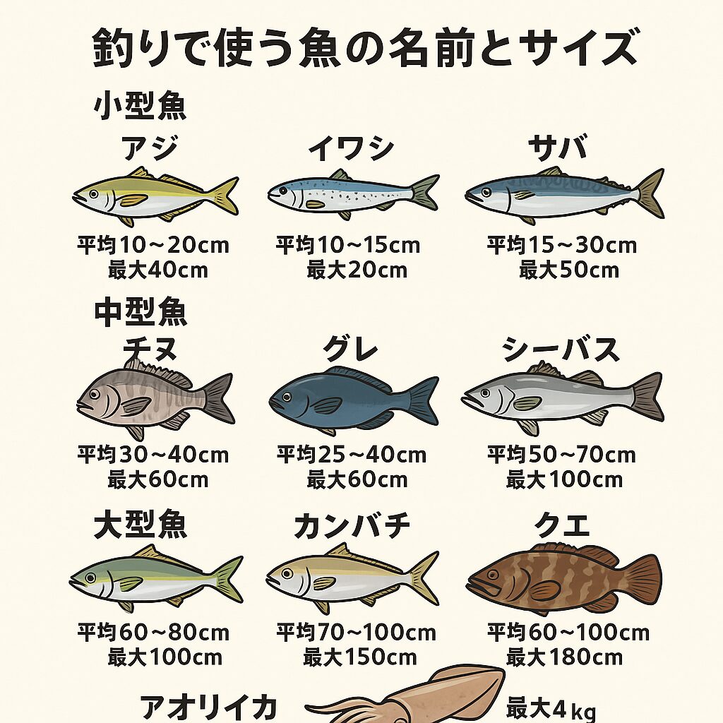 釣りで使う魚の名前とサイズ（標準と最大）完全ガイド。釣太郎