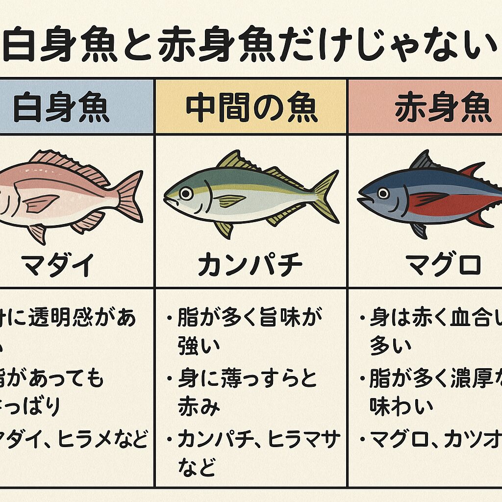 魚は白身と赤身の二つだけではありません。 その中間に位置する魚も多く存在し、味わいや保存方法、食べ頃も大きく異なります。釣太郎