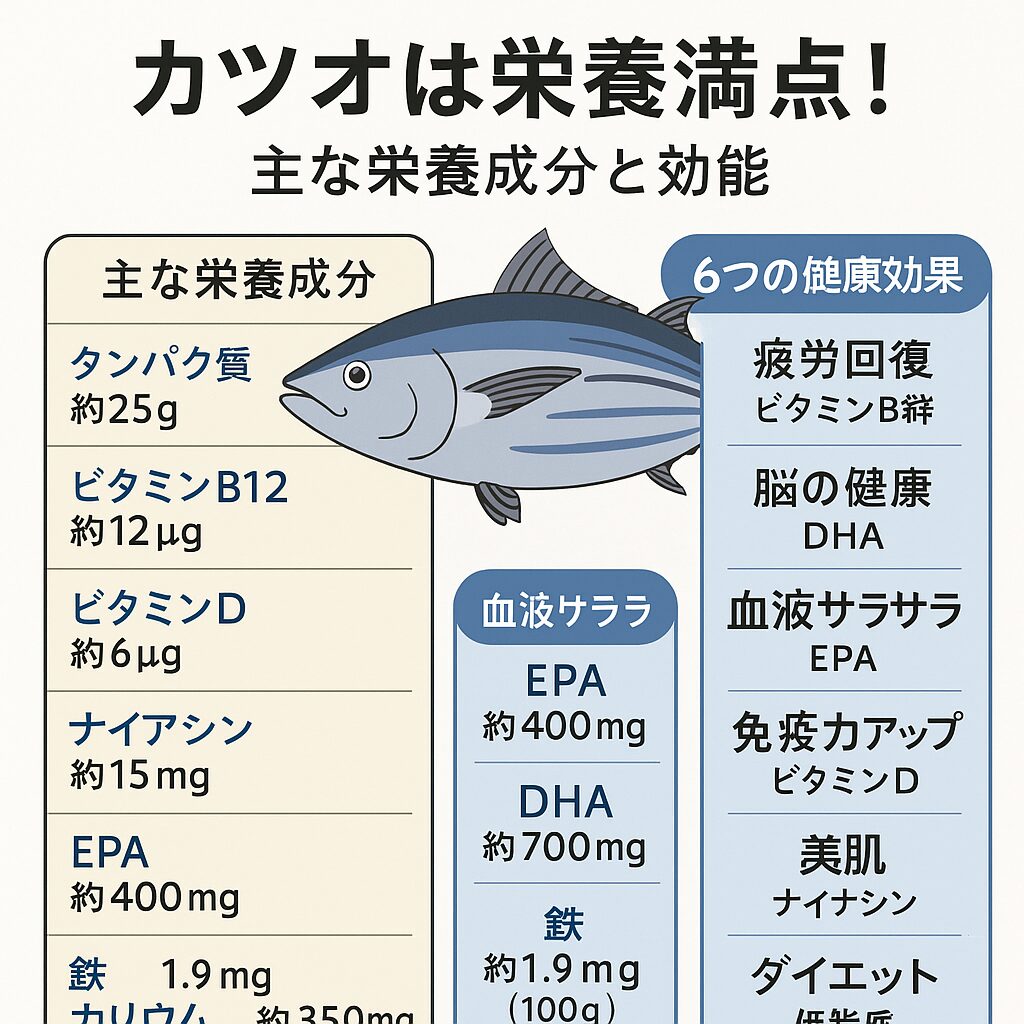 カツオには、ビタミンB群（B1、B2、B6、B12、ナイアシン）が豊富。これらは糖質・脂質・たんぱく質を効率よくエネルギーに変える補酵素として働き、特に夏バテ・慢性疲労に効果的です。また、タウリンや鉄分も含まれ、体力回復・スタミナ増強にもおすすめ。釣太郎