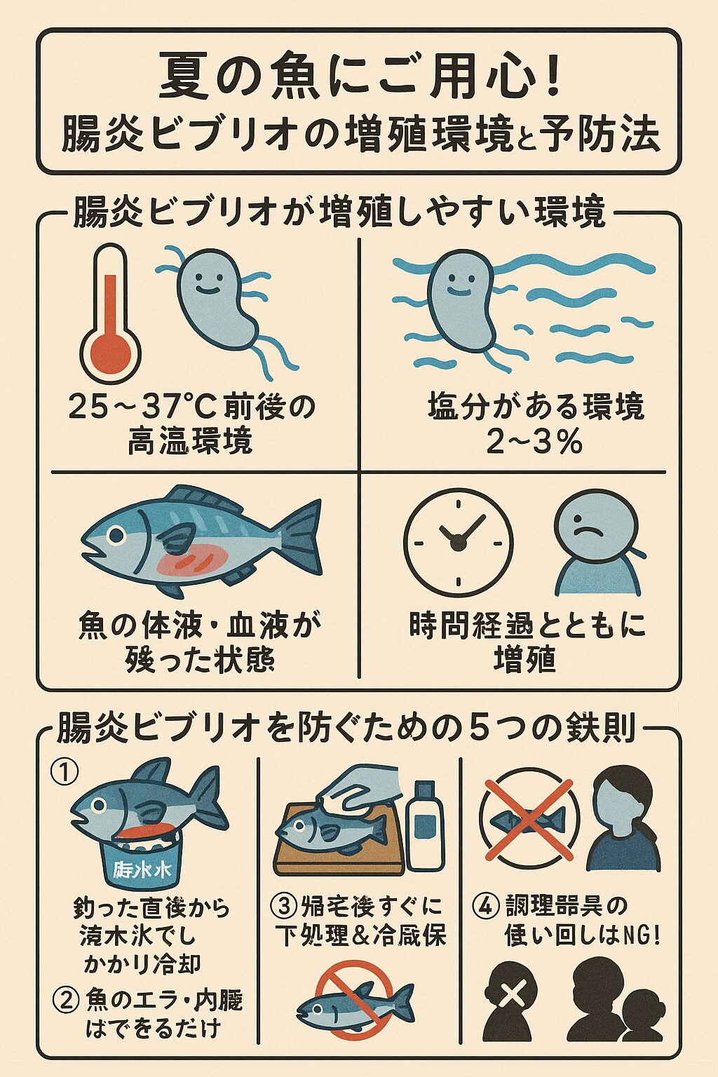夏の魚にご用心!腸炎ビブリオの増殖環境と予防法説明。釣太郎