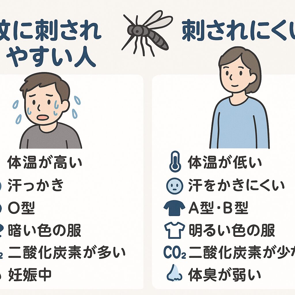蚊に刺されやすい人 vs 刺されにくい人の特徴比較。釣太郎