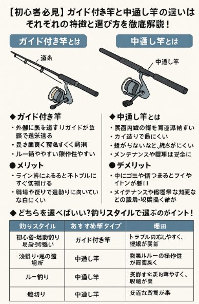 【初心者必見】ガイド付き竿と中通し竿の違いとは?それぞれの特徴と選び方を徹底解説!釣太郎