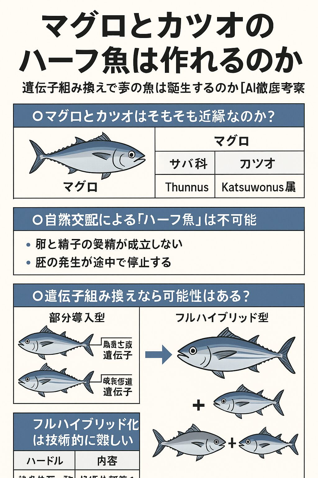 遺伝子組み換え技術が盛んだが、これはマグロとカツオのハーフを作ることもできる？AI考察。釣太郎