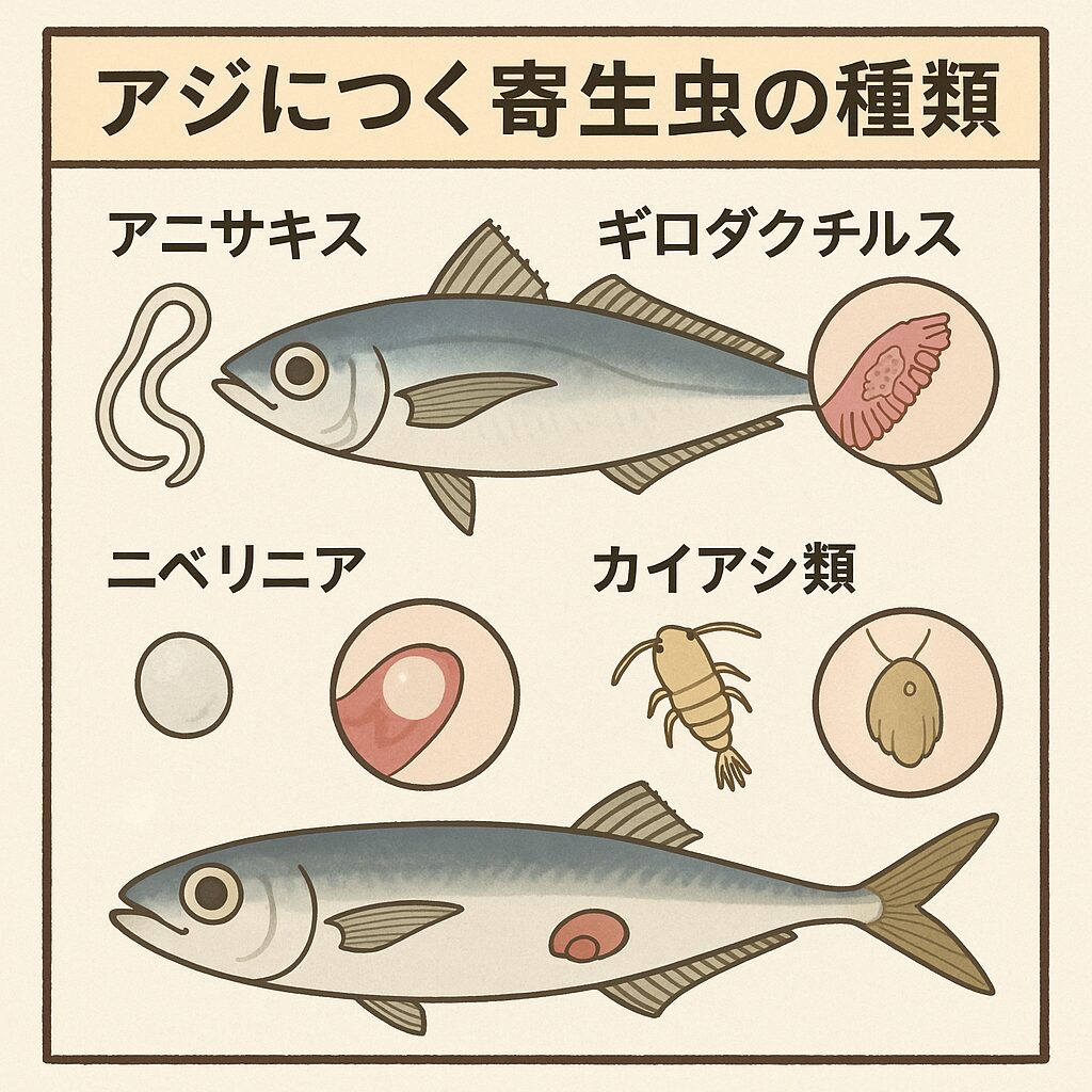 アジには様々な寄生虫がつくことがありますが、大半は人間に無害です。アニサキスだけはご注意ください。釣太郎