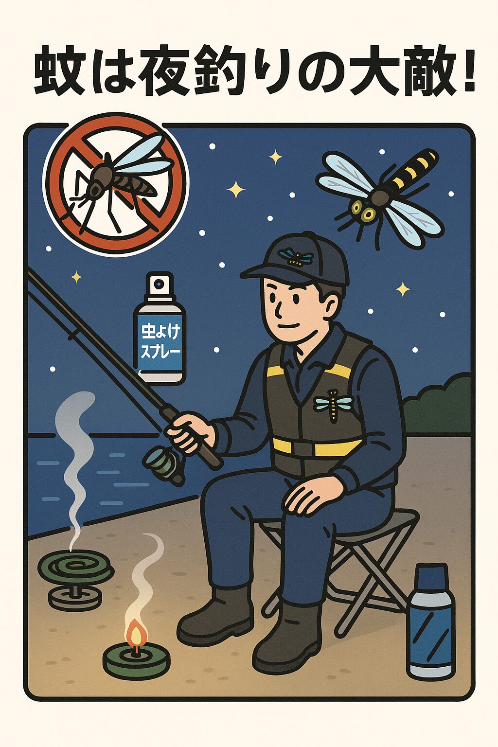 蚊は夜釣りの天敵であり、集中力も体力も奪われます。複数の蚊対策を併用することが、被害ゼロへの近道です。釣太郎