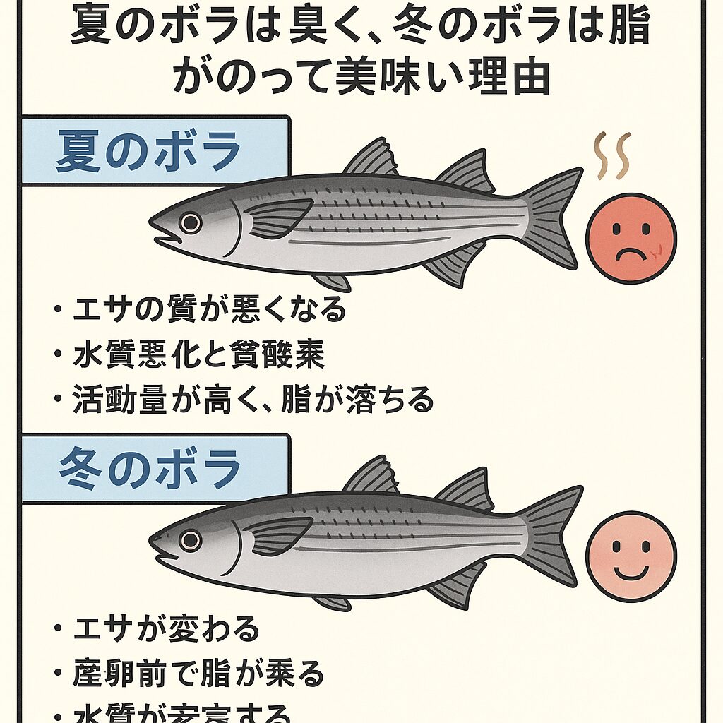 夏のボラは餌・水質の影響で臭みが出やすい
冬のボラは脂が乗り、臭みが抜け、旨味が凝縮。釣太郎
