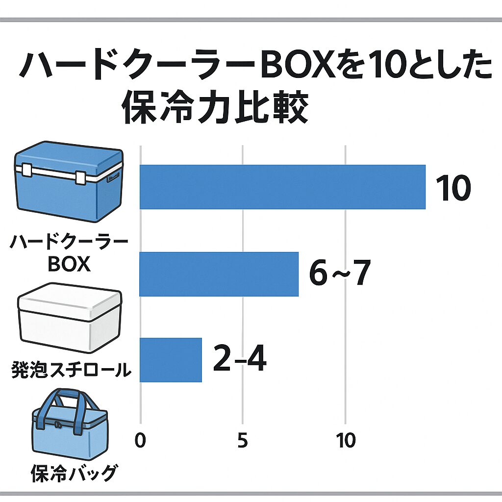 【ハードクーラーBOXを10とした保冷力比較】発泡スチロールと保冷バッグはどれくらい違うのか説明。釣太郎