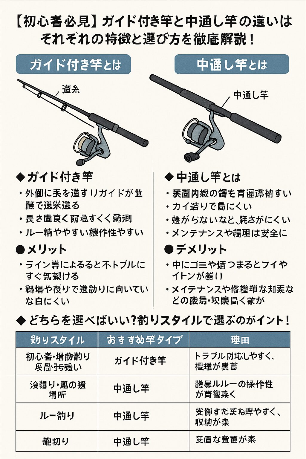 【初心者必見】ガイド付き竿と中通し竿の違いとは?それぞれの特徴と選び方を徹底解説!釣太郎