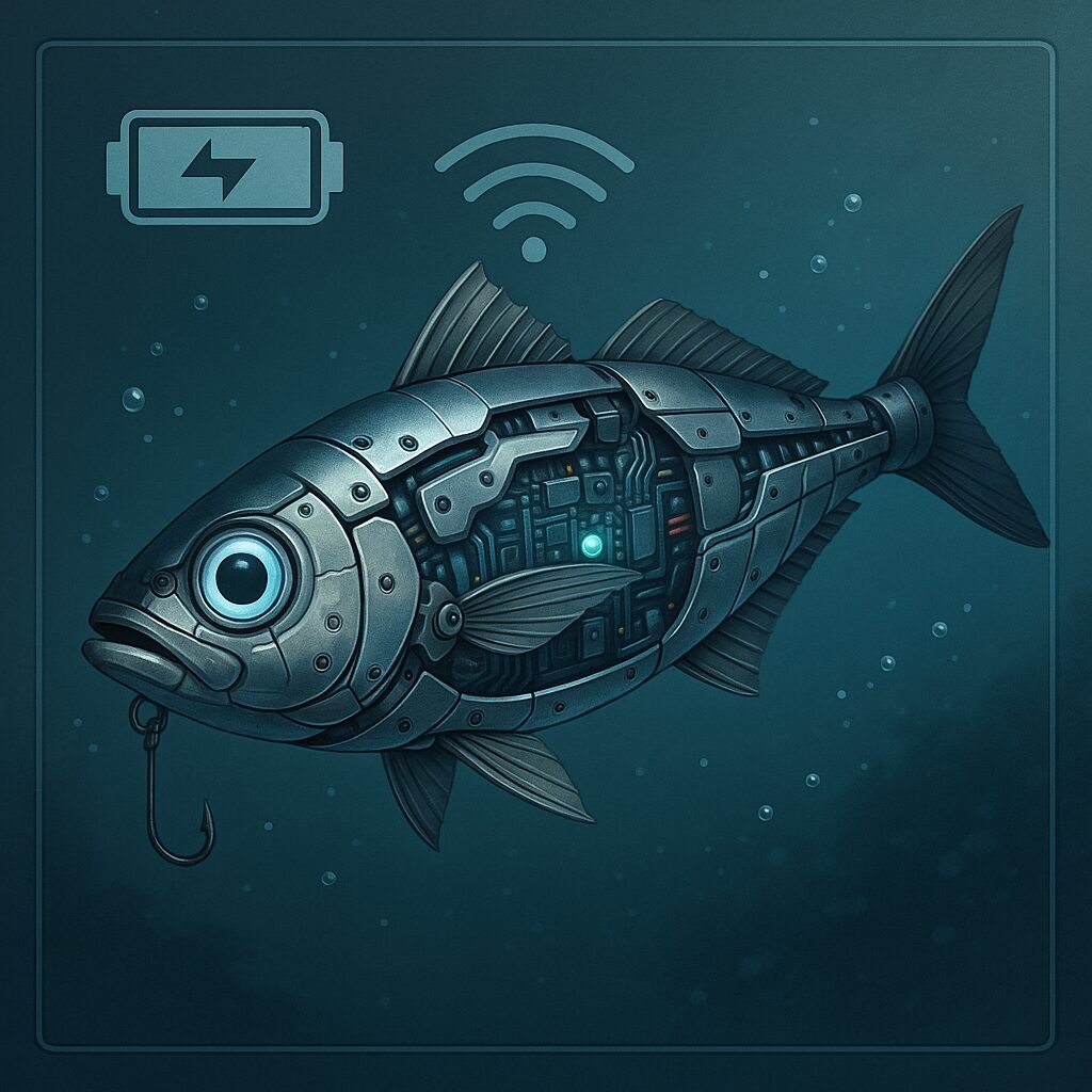 未来の活アジは、AI搭載で水深、速度、臭い、カラーも自在で。何より近場にアオリイカがいるかどうか発見できる。釣太郎