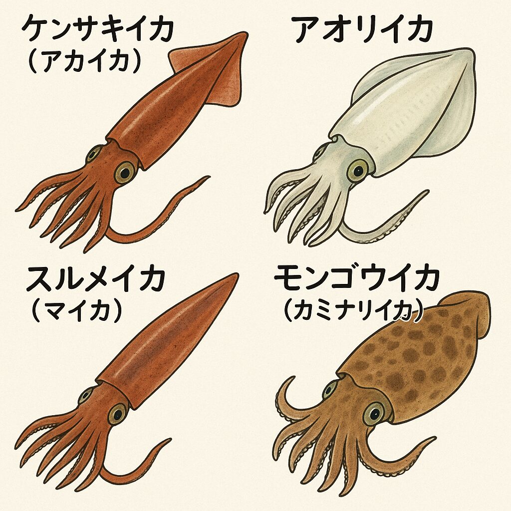 【AI徹底比較】ケンサキイカ・アオリイカ・スルメイカ・モンゴウイカの食味の違いとは?釣太郎