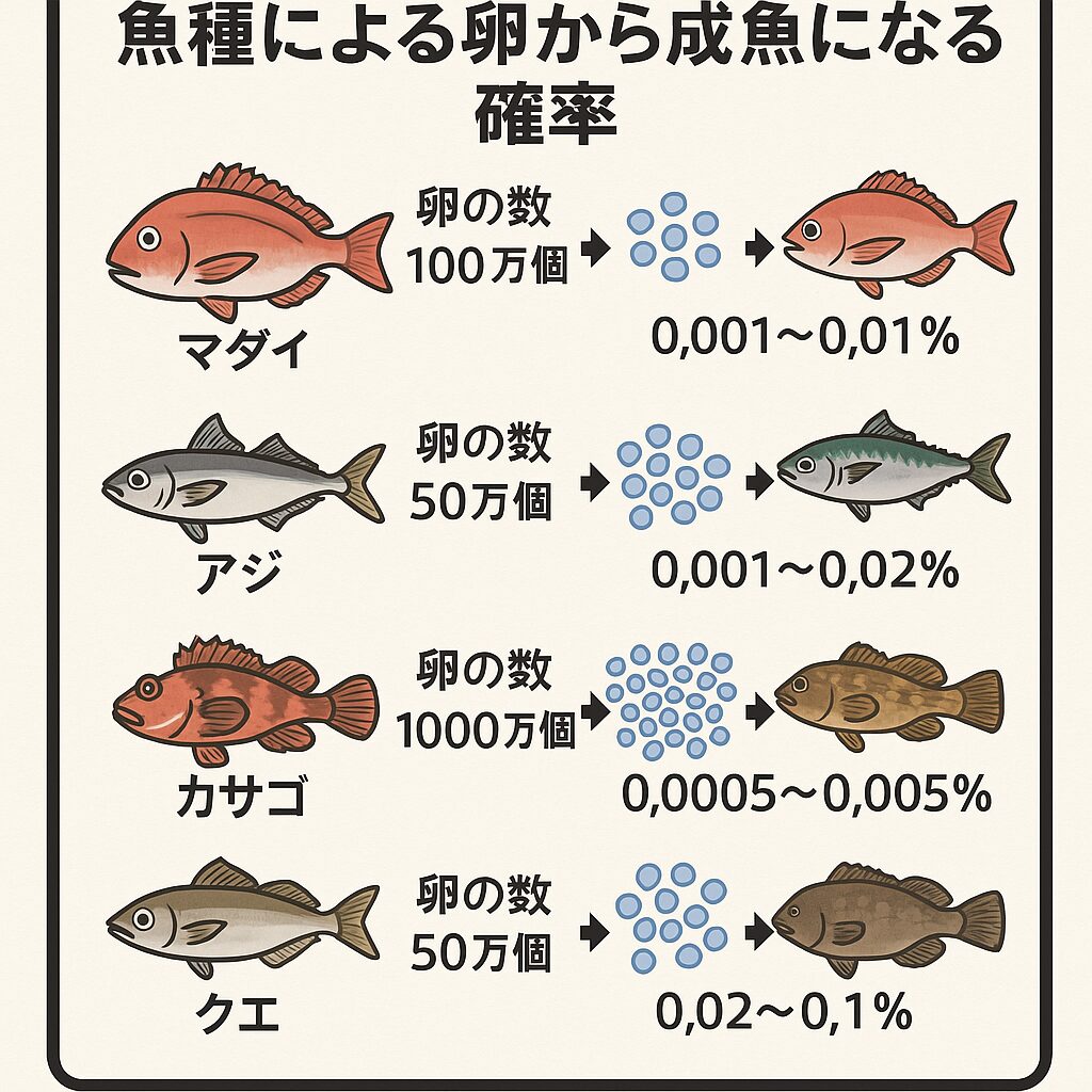 魚種によって卵から成魚になる確率はかなり違う。釣太郎