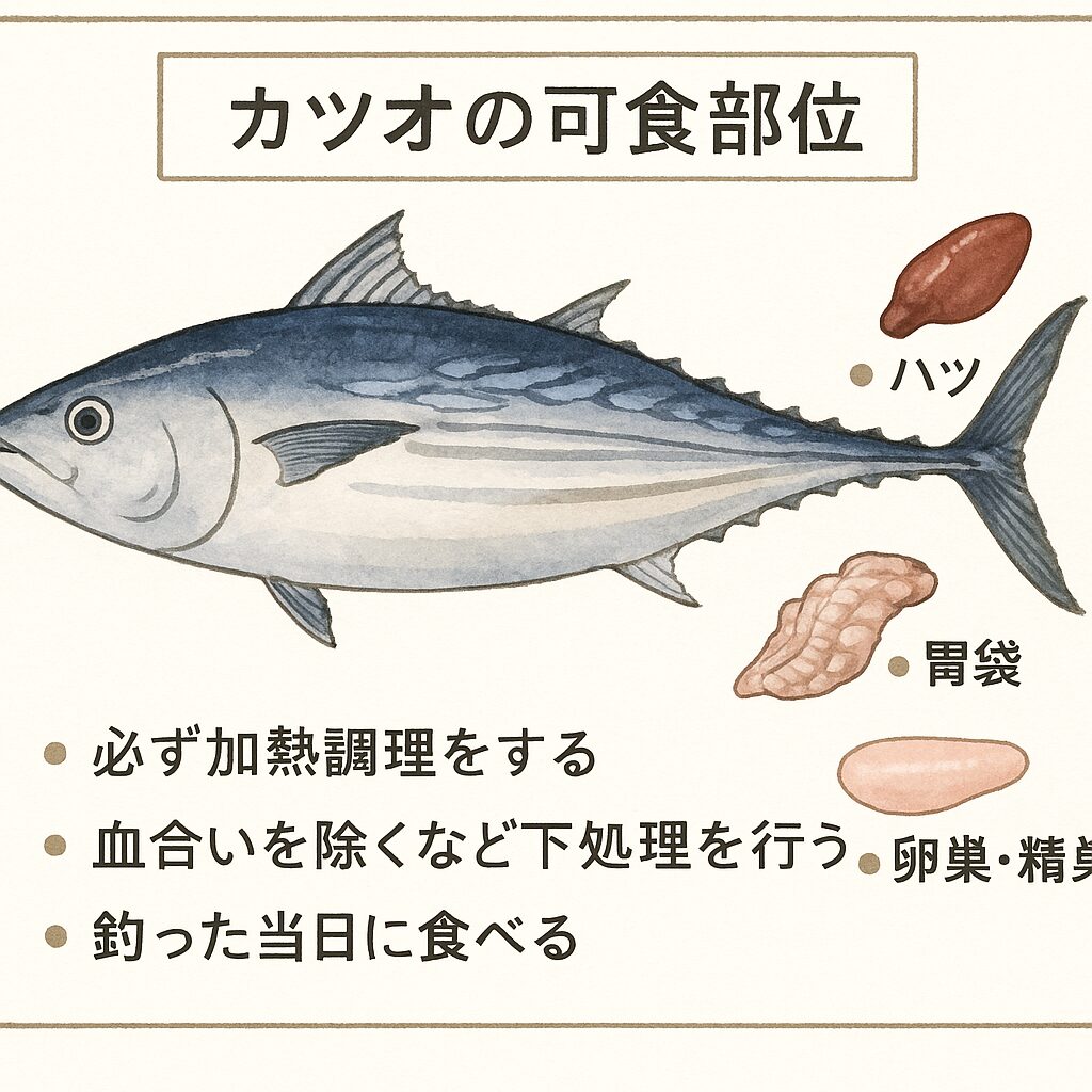 カツオは赤身の刺身やたたきで楽しむのが王道ですが、内臓の一部（心臓・胃袋など）も丁寧に下処理すれば美味しく食べられます。釣太郎