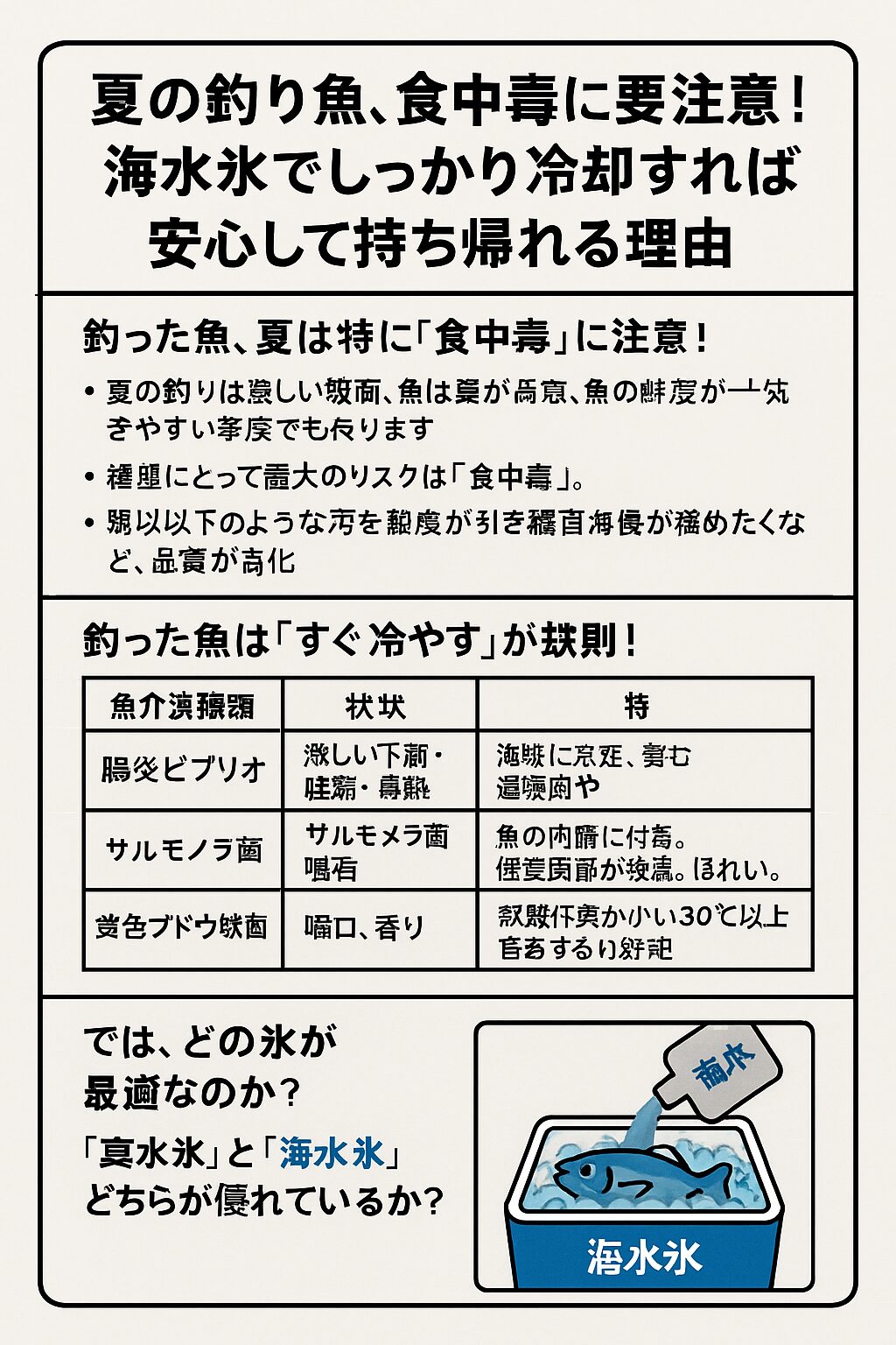 夏の釣り魚は非常に美味しいですが、その裏には「菌との戦い」 。真水氷ではなく「海水氷」を使えば、　食中毒リスクは大幅に減らせます。釣太郎
