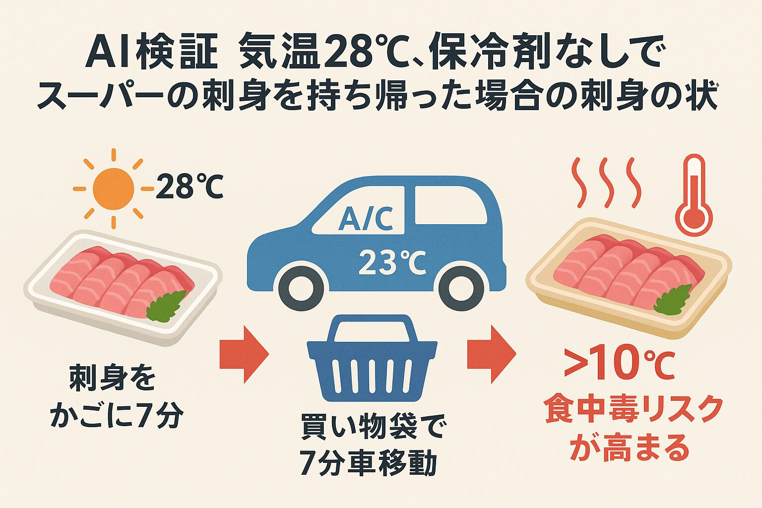AI検証：保冷剤なしの夏の刺身持ち帰りは大丈夫か？気温28℃・移動14分で刺身は劣化する？釣太郎