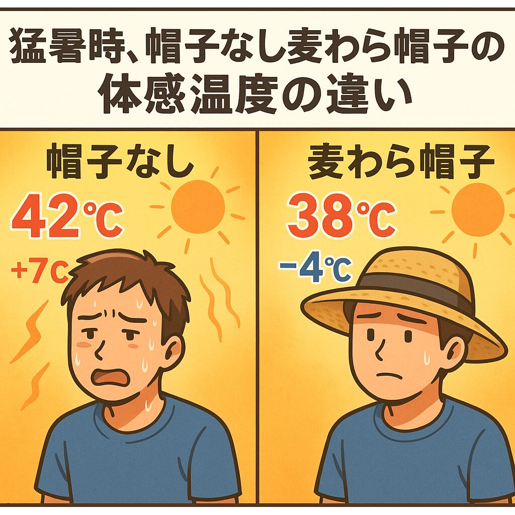 麦わら帽子をかぶるだけで、体感温度は3〜4℃低下し、熱中症リスクを大きく軽減できます。釣太郎