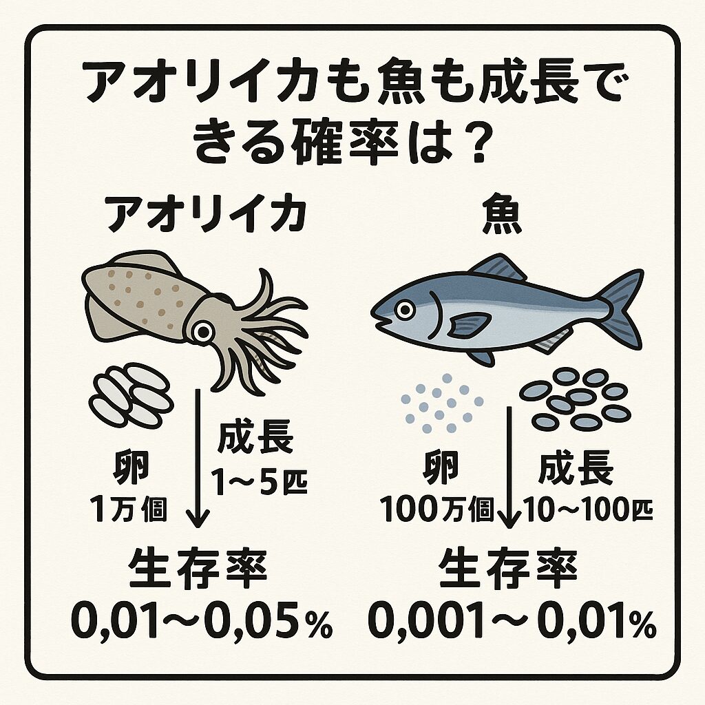 海の命は、数の上ではほぼ99%以上が途中で命を落とします。アオリイカも魚も、卵から孵化して成長できる確率は同じ？釣太郎