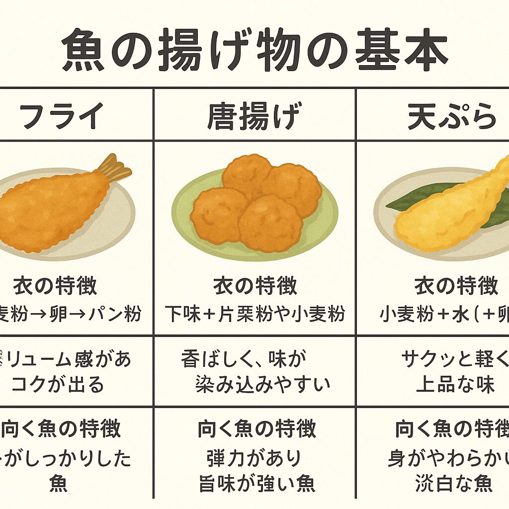 【魚料理の基本】フライ・唐揚げ・天ぷらの違いと向いている魚とは？調理法別に徹底解説！釣太郎