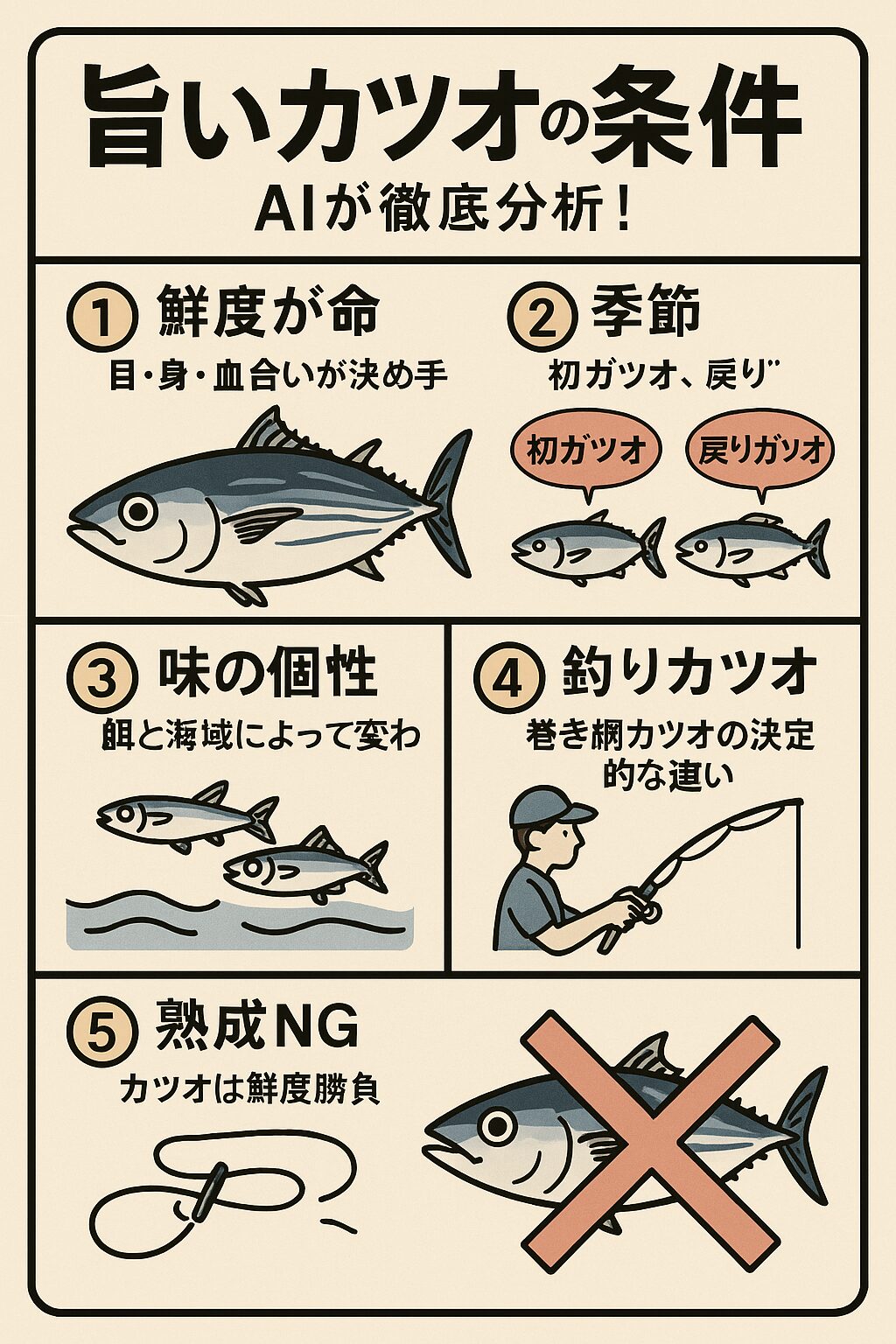 旨いカツオの条件とは？AIが徹底分析！釣り人・食通必見の美味しさ基準説明。釣太郎