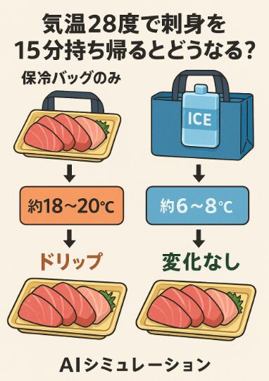 気温28度で刺身を15分持ち帰るとどうなる?保冷バッグだけ vs 氷入りの違いをAIが徹底比較!釣太郎