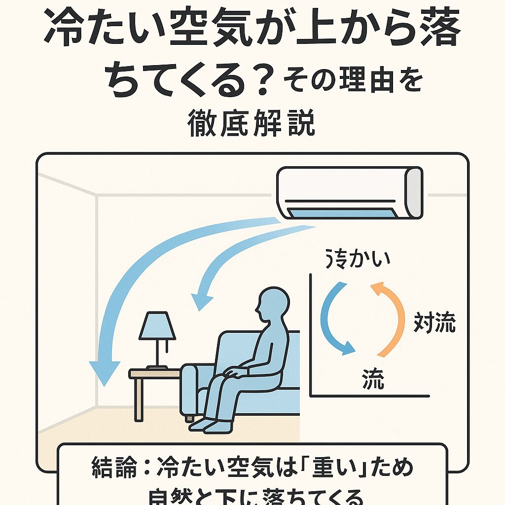 冷たい空気は暖かい空気より重いため、自然と下に沈む性質があります。これが「冷房の風は上から下へ落ちてくる」と感じる正体です。釣太郎