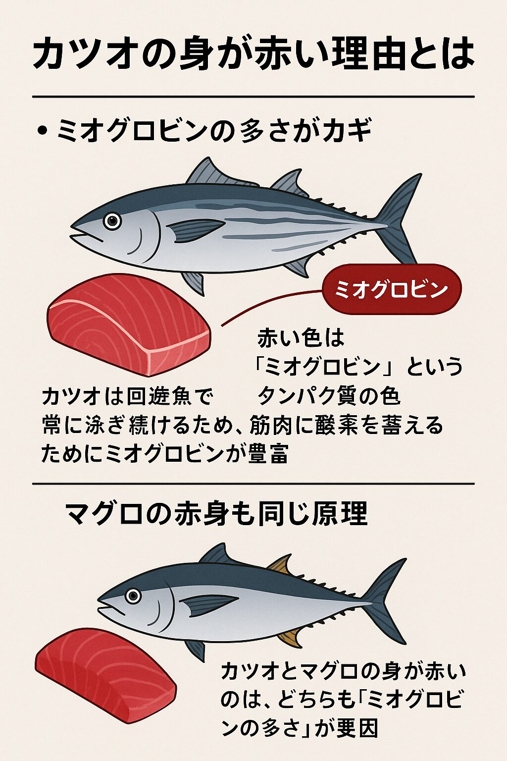 カツオの身が赤い理由：ミオグロビンの多さが理由。赤い色は「ミオグロビン」というタンパク質の色。釣太郎