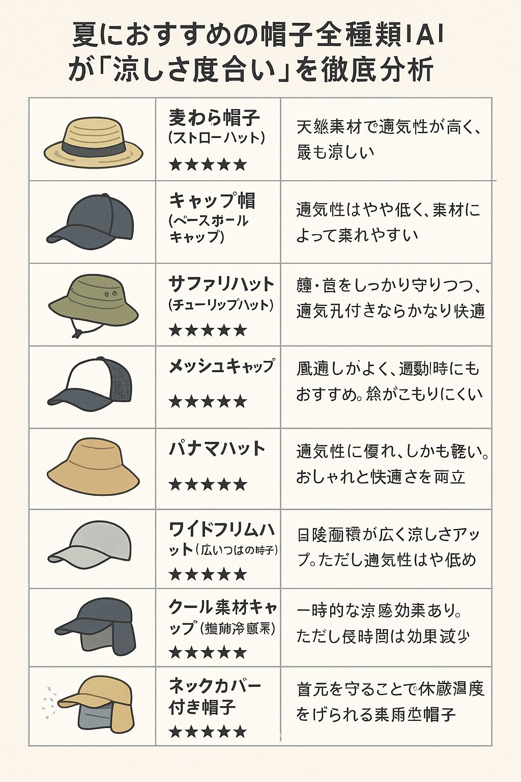 夏におすすめの帽子全種類!AIが「涼しさ度合い」を徹底分析【2025年最新版】釣太郎