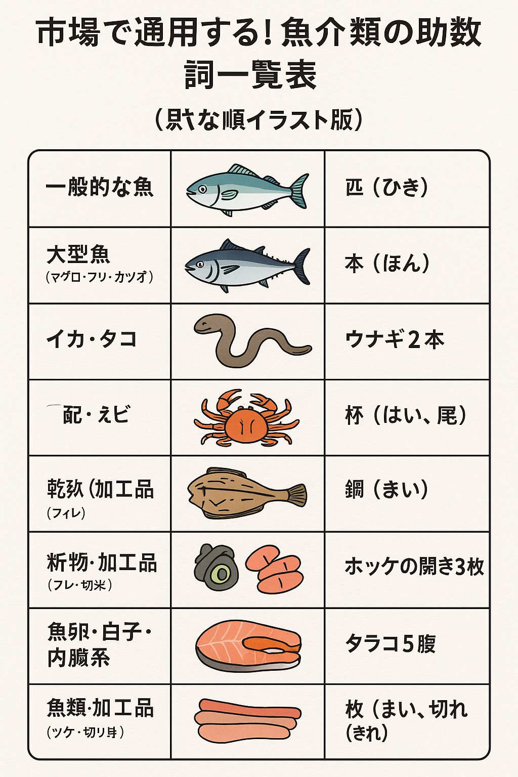市場で通用する！魚介類の数え方。釣太郎
