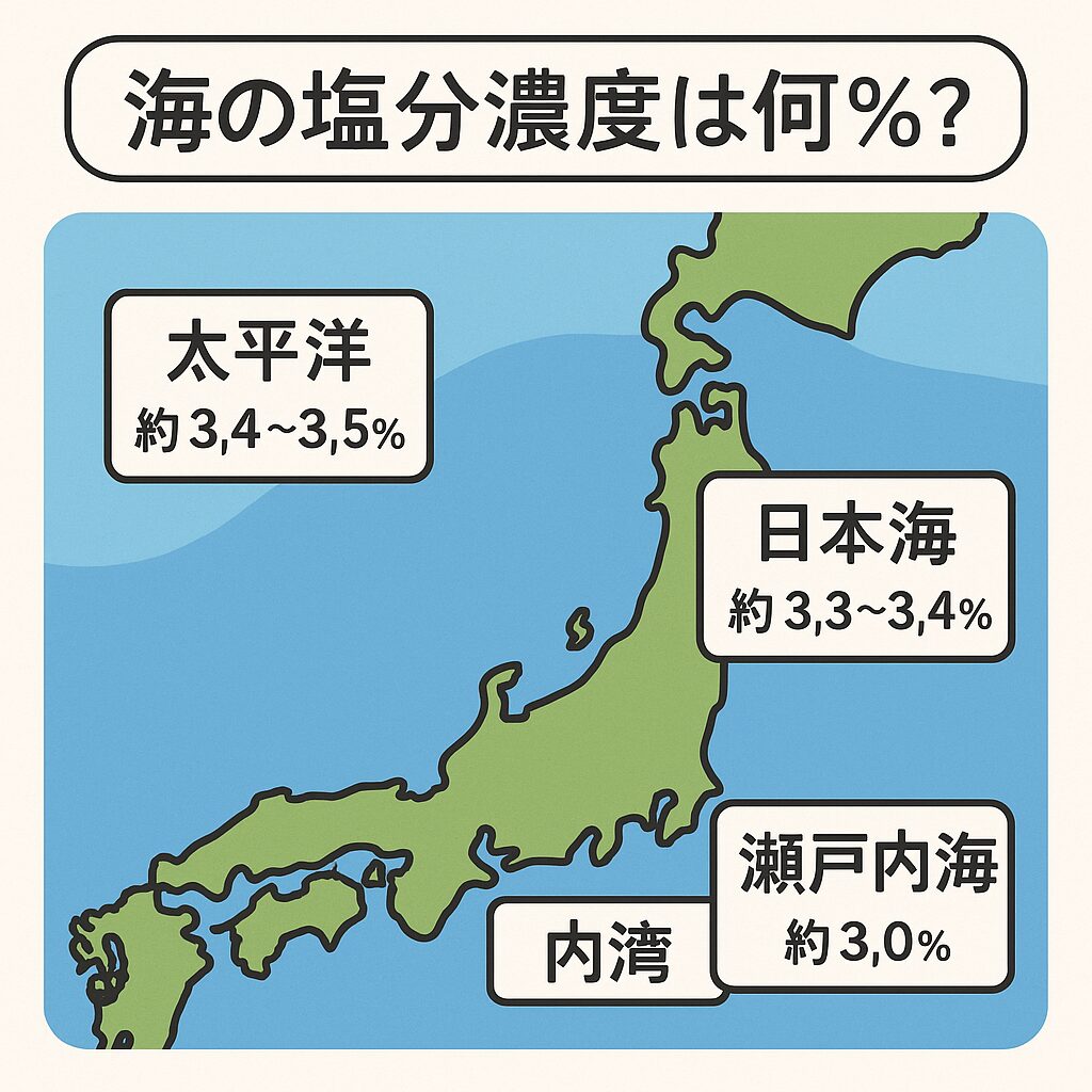 海水の塩分濃度は約3.5%。太平洋・日本海・内湾でわずかな違いあり。 水深による塩分差はほぼ無し。釣太郎