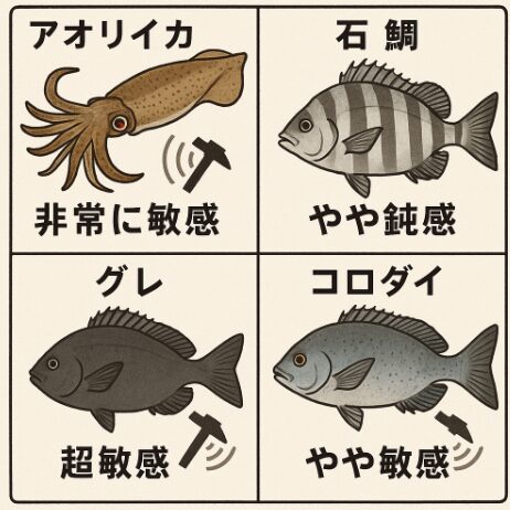 魚は音に敏感って本当？アオリイカ・石鯛・グレ・コロダイの音への反応度合。釣太郎