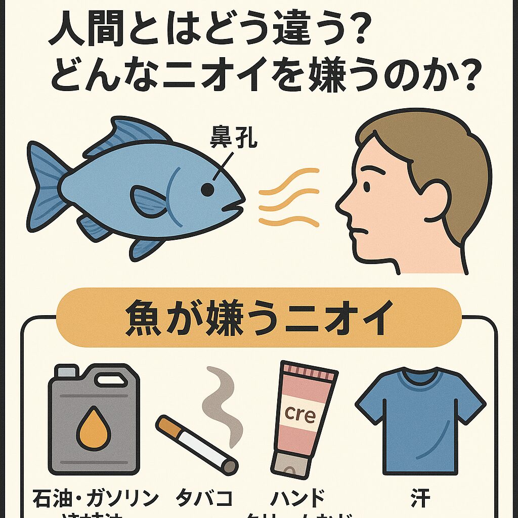 魚の嗅覚において重要。ガソリン、タバコ、化学物質などはNG。アミノ酸や魚粉などは強力な集魚要素。釣り人の「手のニオイ」も意外と重要!釣太郎