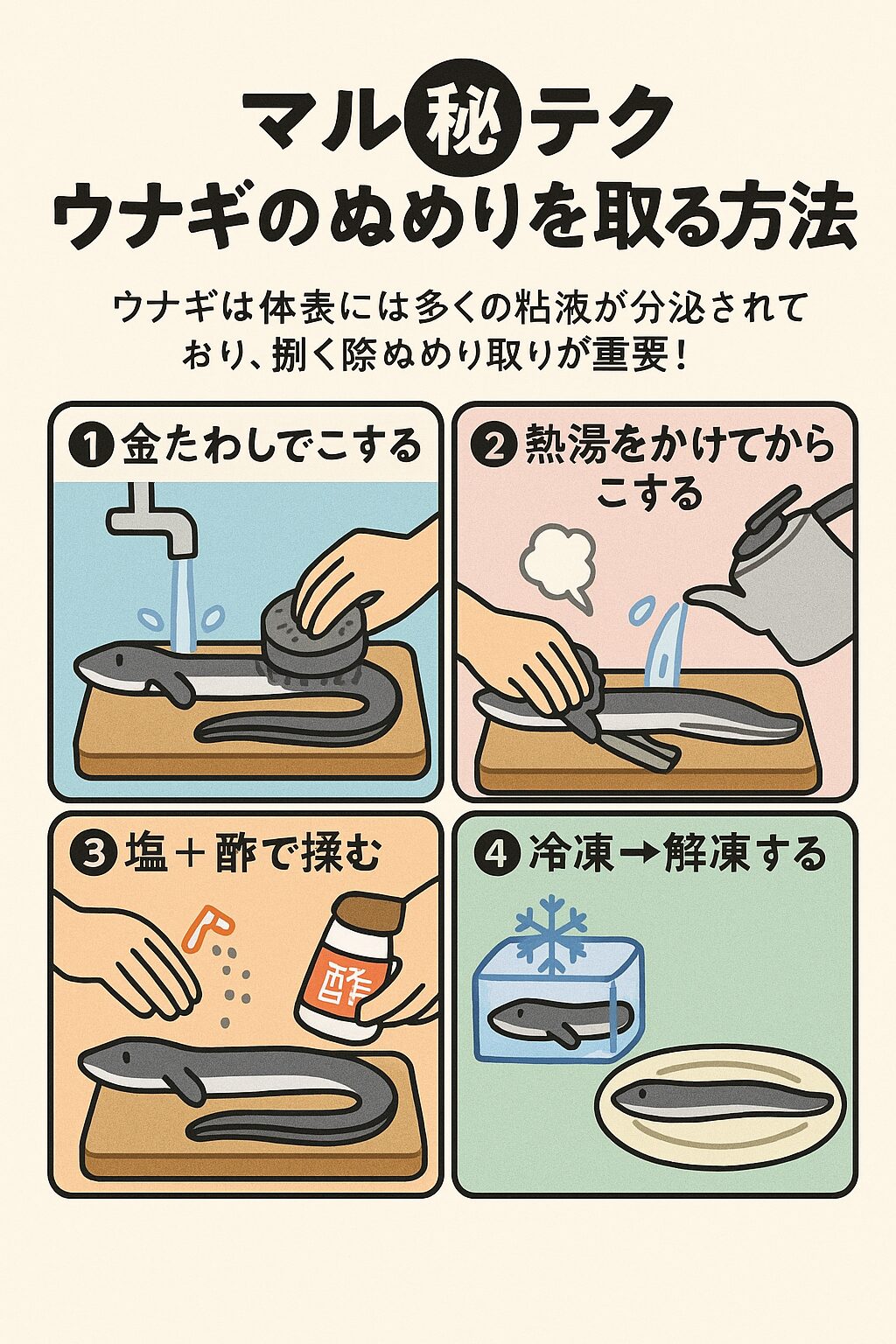 ウナギのぬめりを取る4つの裏技紹介。釣太郎