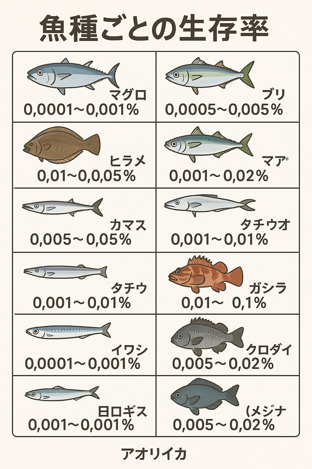 魚種ごとに卵から成魚までの生存率は大きく違う。基本は卵数が多いほど生存率は低い。釣太郎