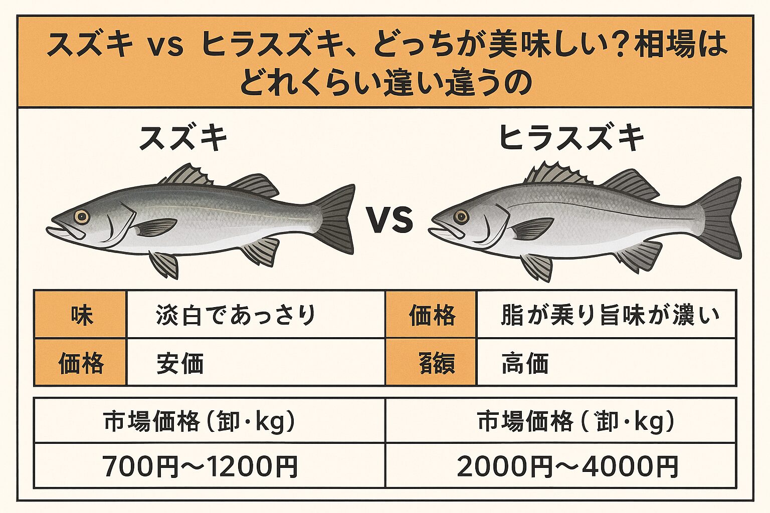【味と価格で徹底比較】スズキ vs ヒラスズキ、どっちが美味しい？相場はどれくらい違うのかご説明。釣太郎