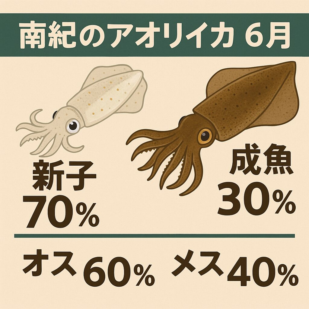 南紀のアオリイカ、6月の個体は新子と成魚の割合はどれくらい?オスとメス夫どちらが多い?釣太郎