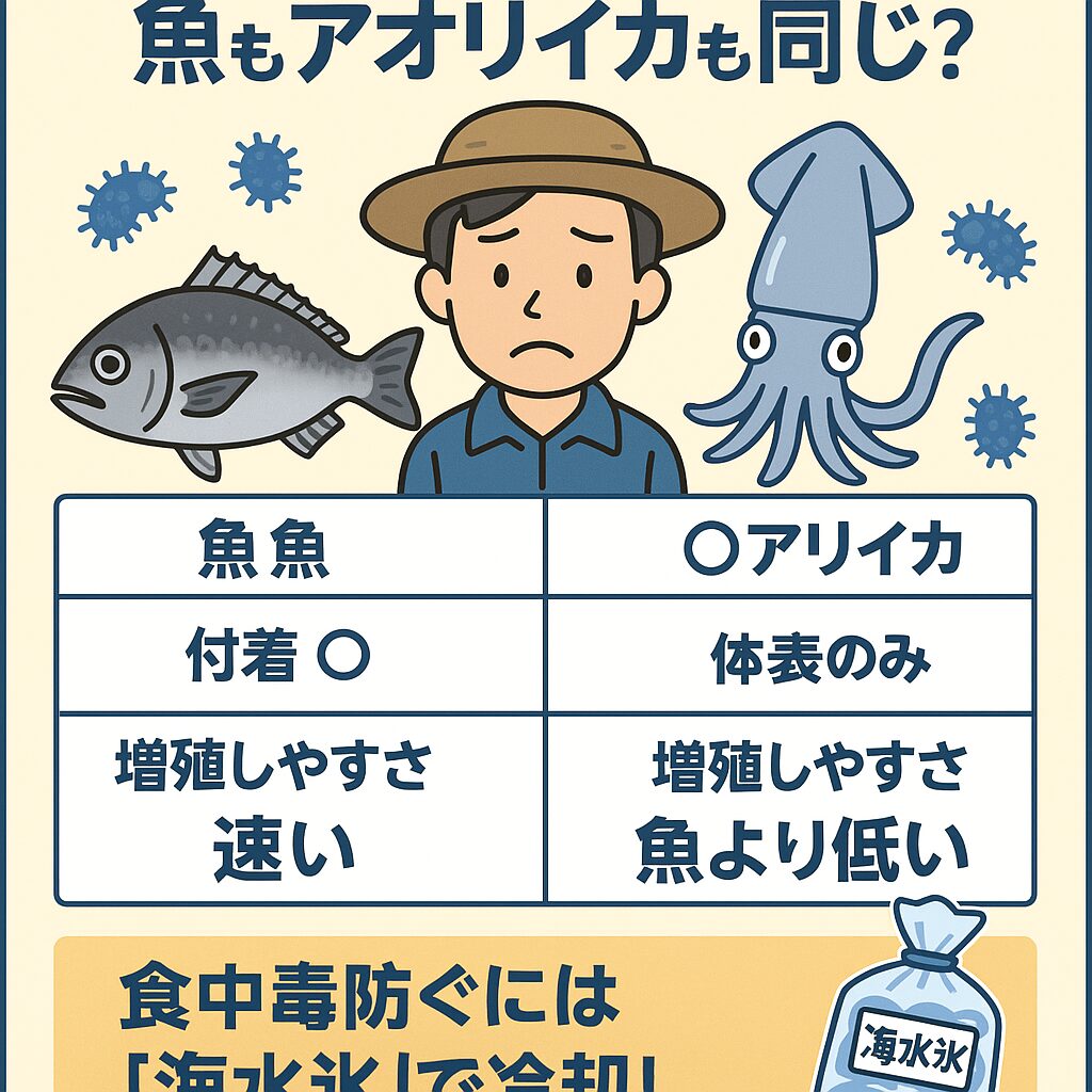 夏の釣りは最高のレジャーですが、
気温・湿度が高い季節は「食中毒」が発生しやすい時期でもあります。
特に注目されているのが、海水に潜む細菌「腸炎ビブリオ」。
この菌は、魚に限らずアオリイカなどの軟体動物にも付着する可能性があります。釣太郎