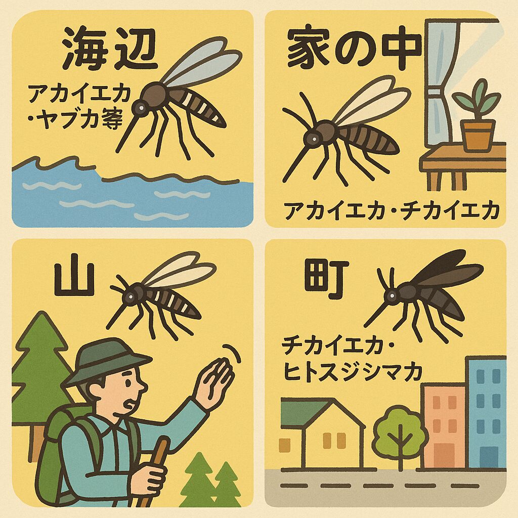 「どこでも刺されるから、対策は同じでしょ？」と思われがちですが、環境ごとに棲みつく蚊の種類が違い、対処法も変わります。釣太郎