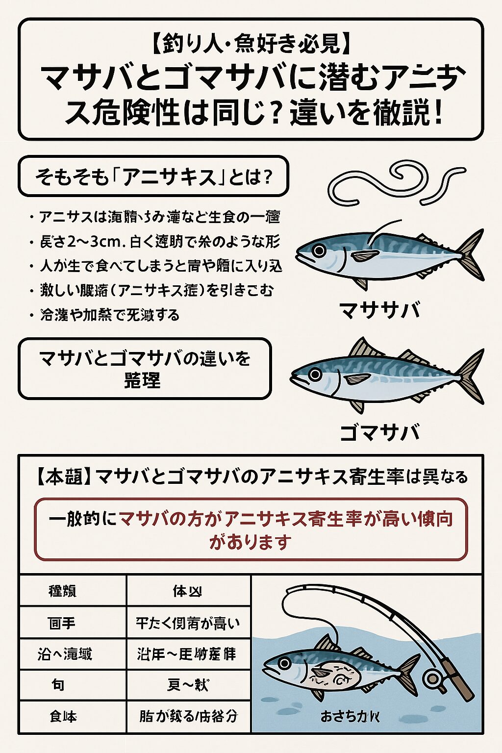 マサバの方がゴマサバより、アニサキス寄生率が高い傾向があります。釣太郎