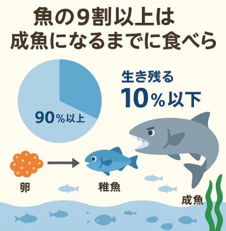 魚の種類や環境によって異なりますが、一般的な海水魚の稚魚の生存率は「1％〜10％以下」と言われています。釣太郎