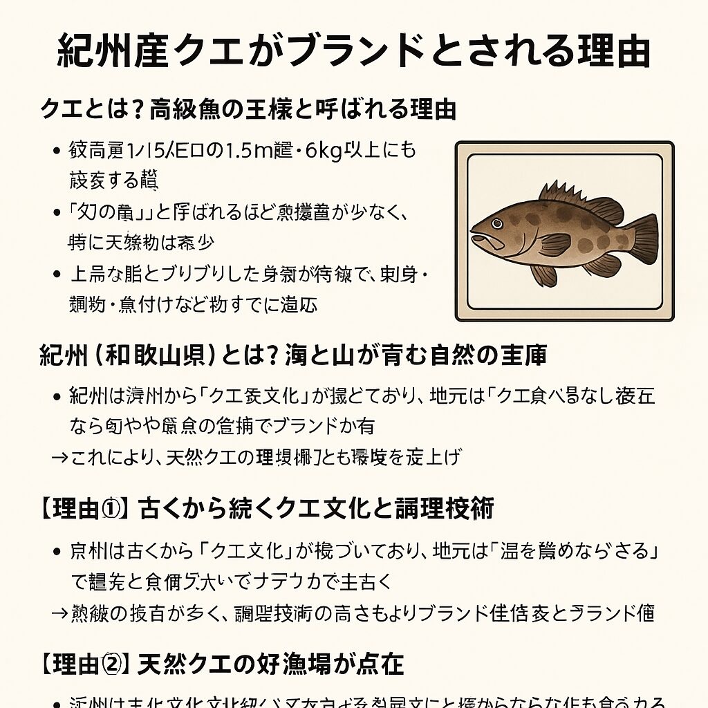 紀州産クエがブランドとされる背景には、以下の5つの要因があります。 黒潮と地形が生む天然好漁場 地域に根づく食文化と職人技 養殖技術と品質管理の徹底 流通と鮮度保持の仕組み 高いメディア露出と観光資源。釣太郎