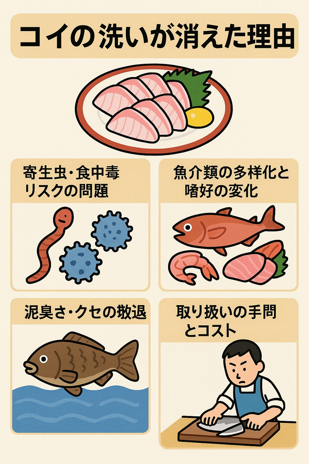 コイの洗いはなぜ姿を消したのか？昔は高級料理、今は幻の存在に。釣太郎