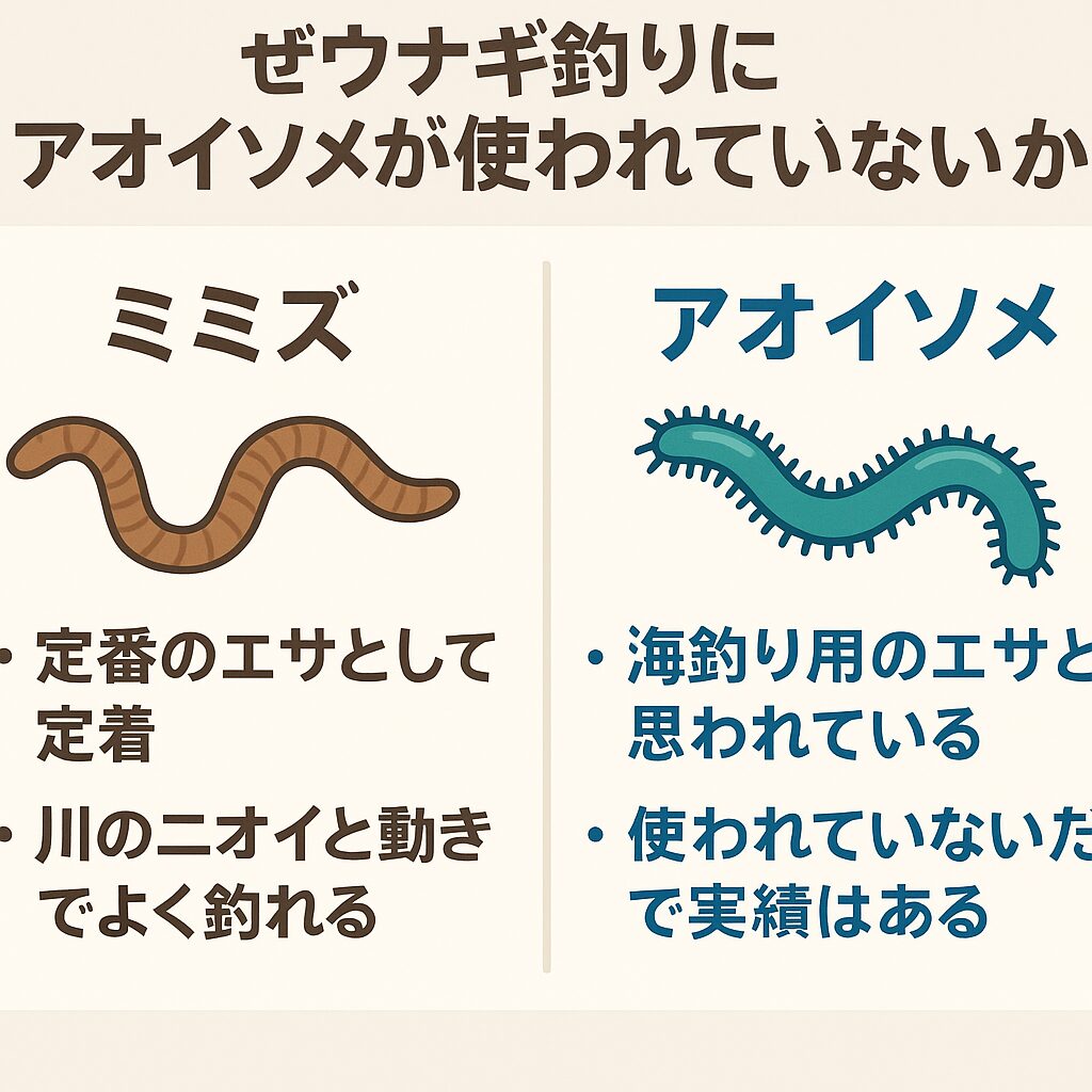 ウナギ釣りのエサはミミズが定番だが、青イソメでも釣れる事は知られていない。その理由説明。釣太郎