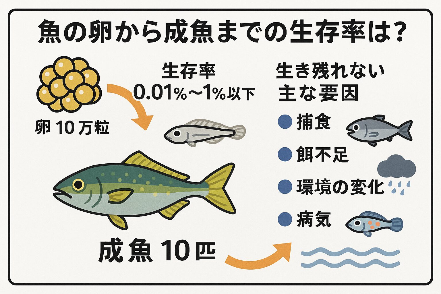 魚の卵から成魚までの生存率と生き残り競争。釣太郎