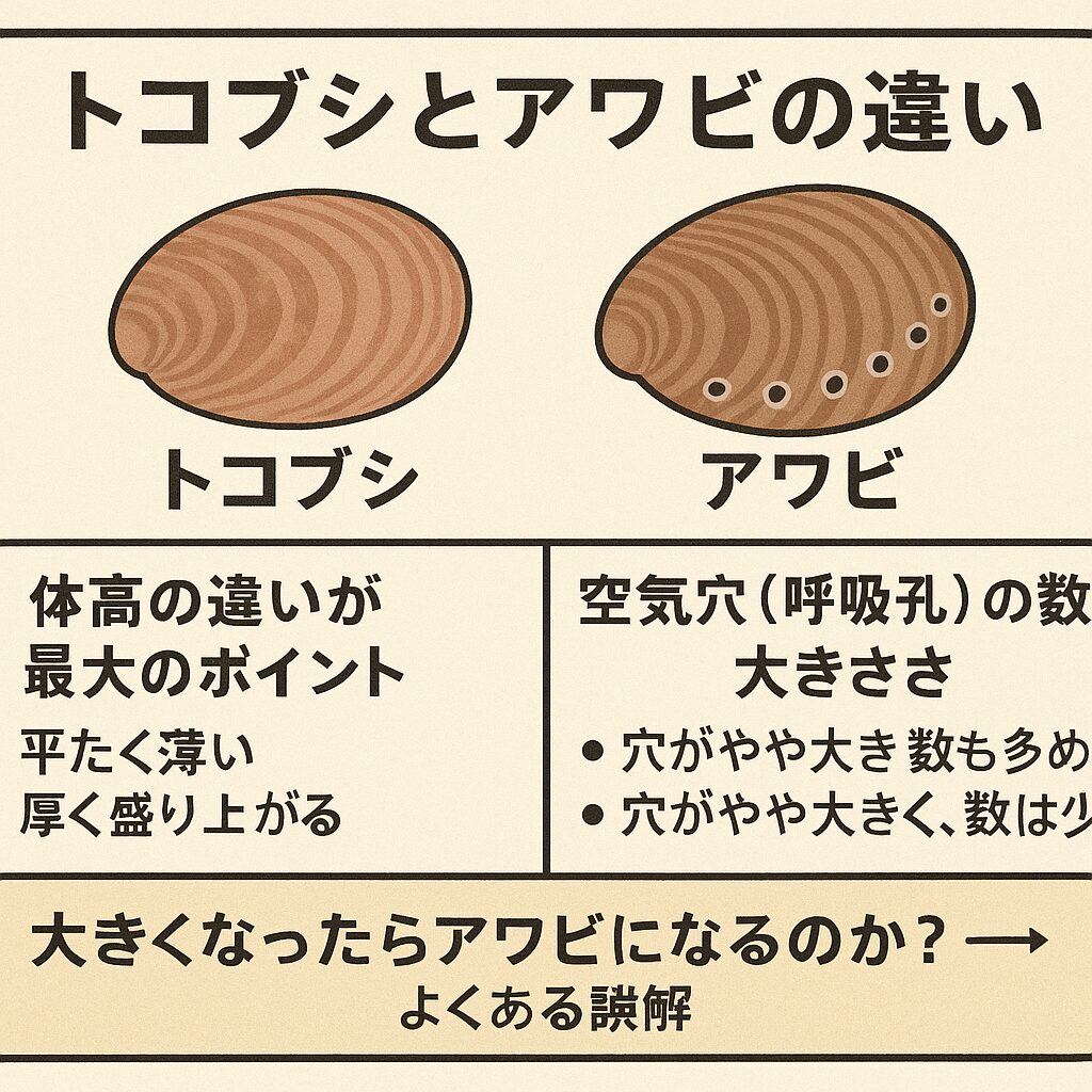 トコブシ（流れ子）とアワビの違いは体高と空気穴。大きくなったらあわびになるのではない。釣太郎