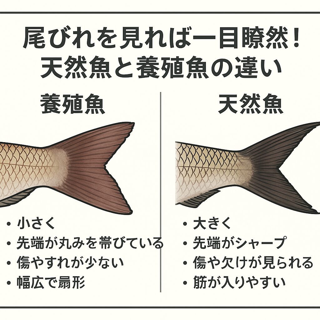 天然魚の尾鰭:大きく、力強い。養殖魚の尾鰭:比較的小さく、丸みを帯びる傾向。これを泳いでいる距離の違いによるもの。釣太郎