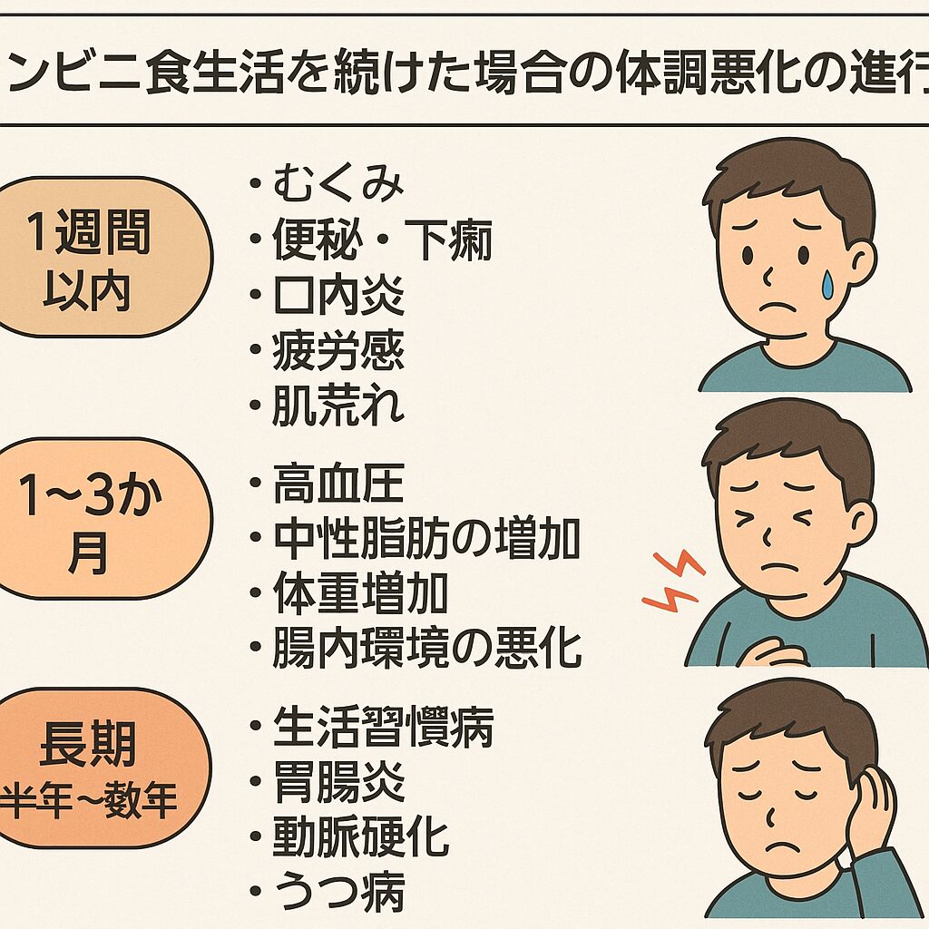 AIが総合判断するなら、**コンビニ食は「便利な非常食・補助食」**です。短期なら大きな問題は起きませんが、習慣化すれば確実に体調悪化を招きます。健康診断に異常が出始めるのは早ければ数ヶ月後。本格的な病気発症は半年〜数年後というケースが多いです。釣太郎